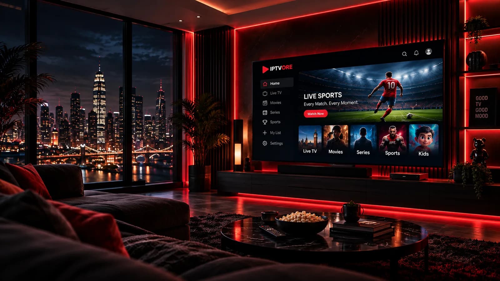 IPTVORE streaming interface on a TV in a dark home theater with red ambient lighting, next to a Firestick remote and a bowl of popcorn